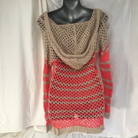 American Eagle Coral Beige Crochet Open Knit Hooded Long Sweater Y2K XS Fairy - Picture 7 of 10